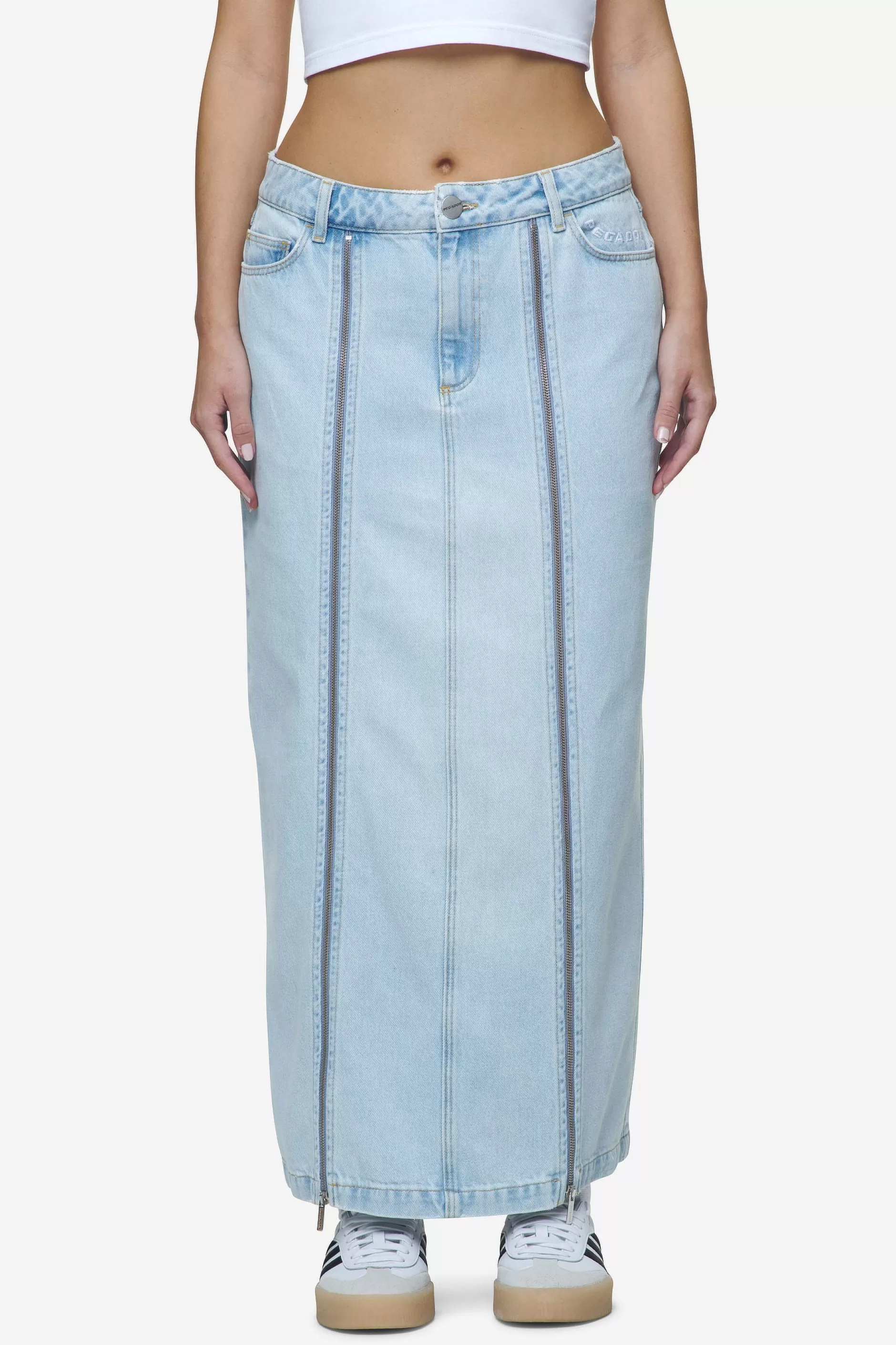 Sale Pegador Aya Denim Midi Zip Skirt Washed Light Blue