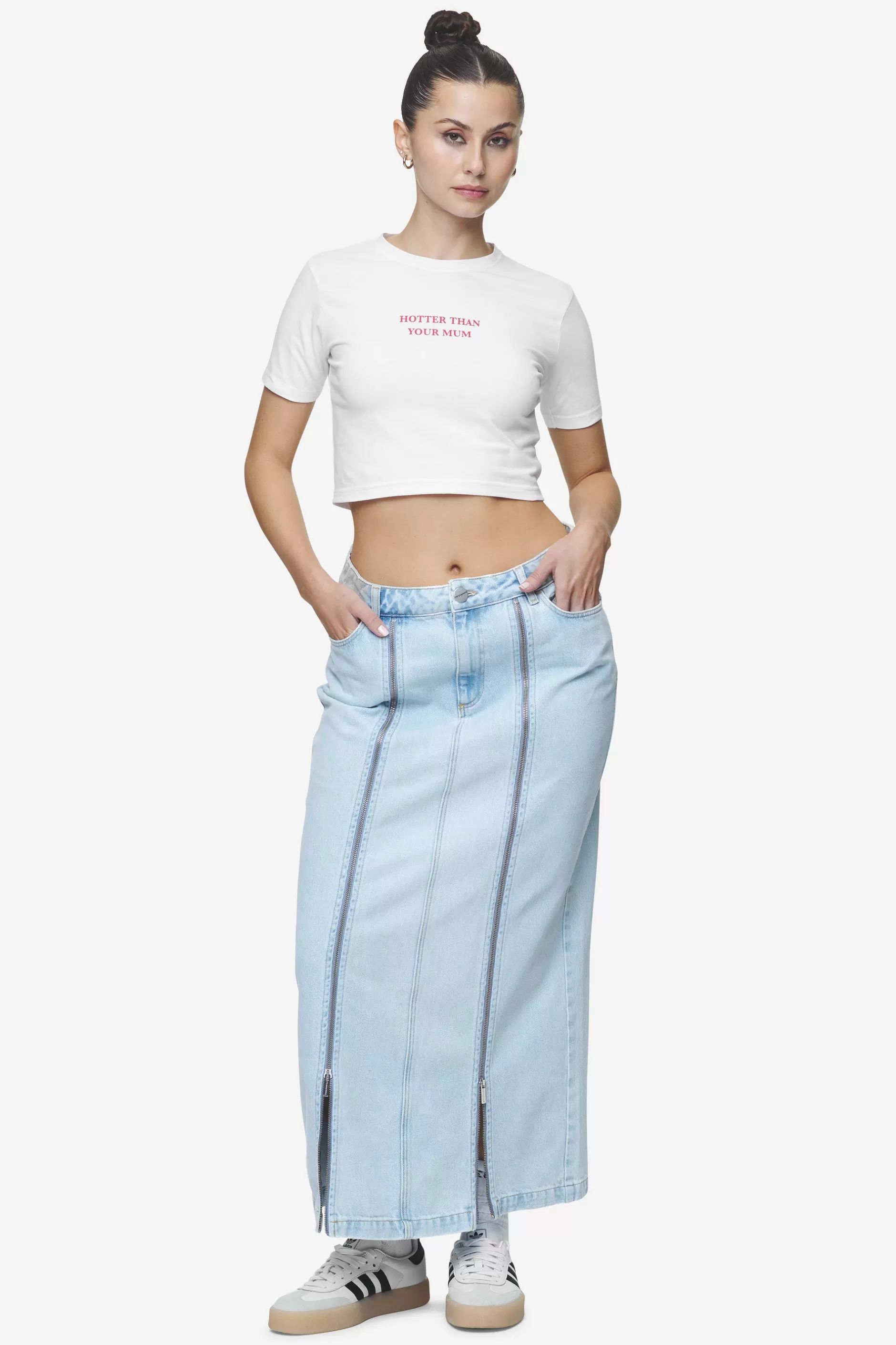 Sale Pegador Aya Denim Midi Zip Skirt Washed Light Blue