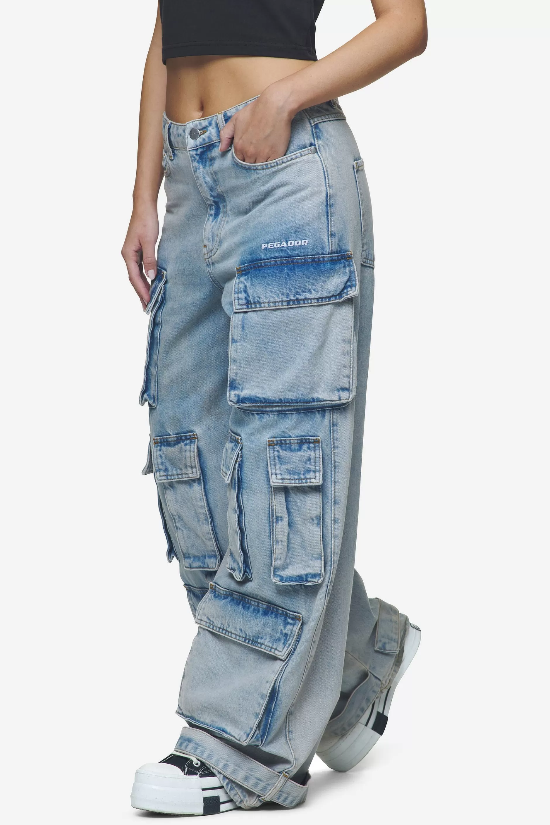 Shop Pegador Celina High Waist Cargo Jeans Washed Pale Blue