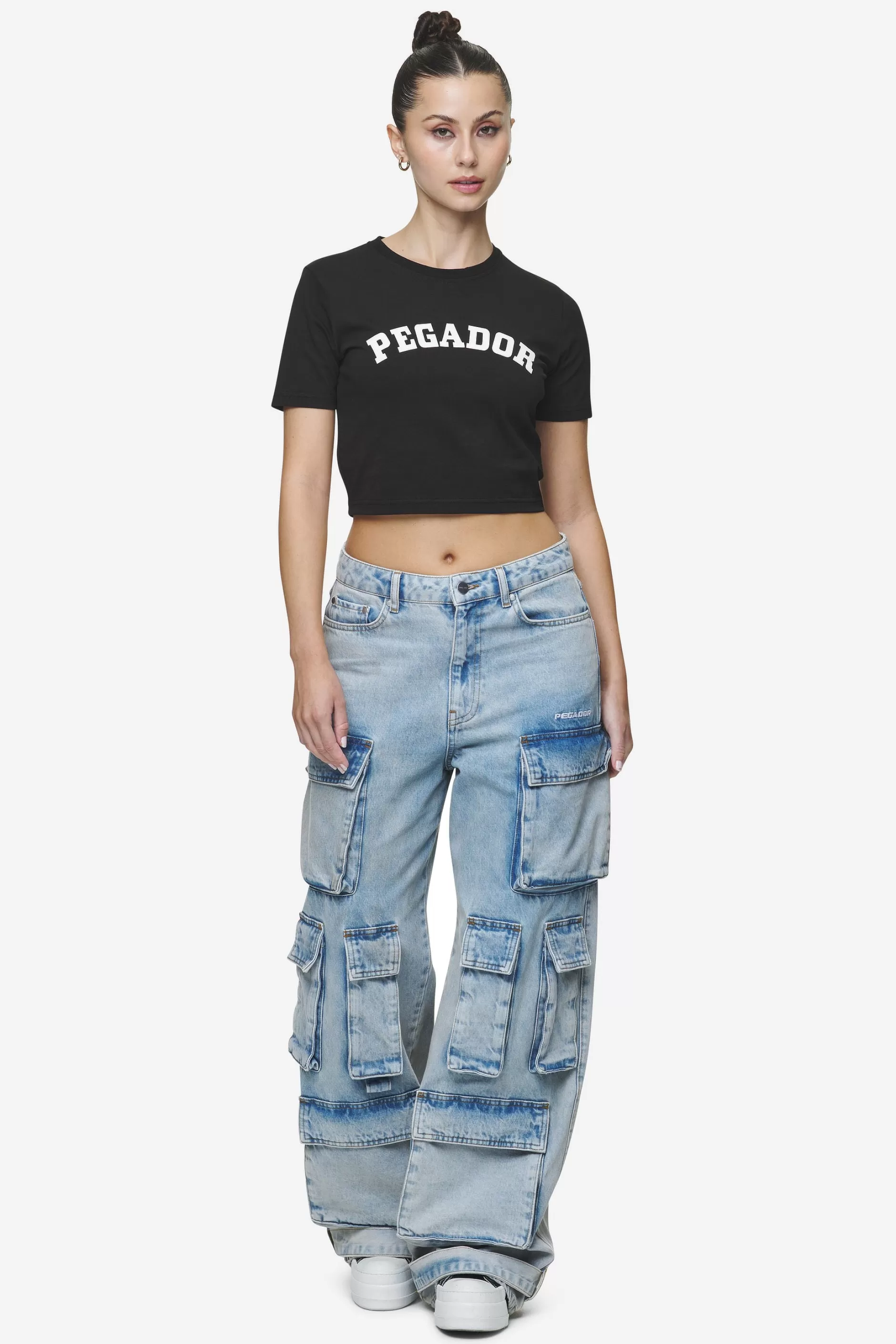 Shop Pegador Celina High Waist Cargo Jeans Washed Pale Blue