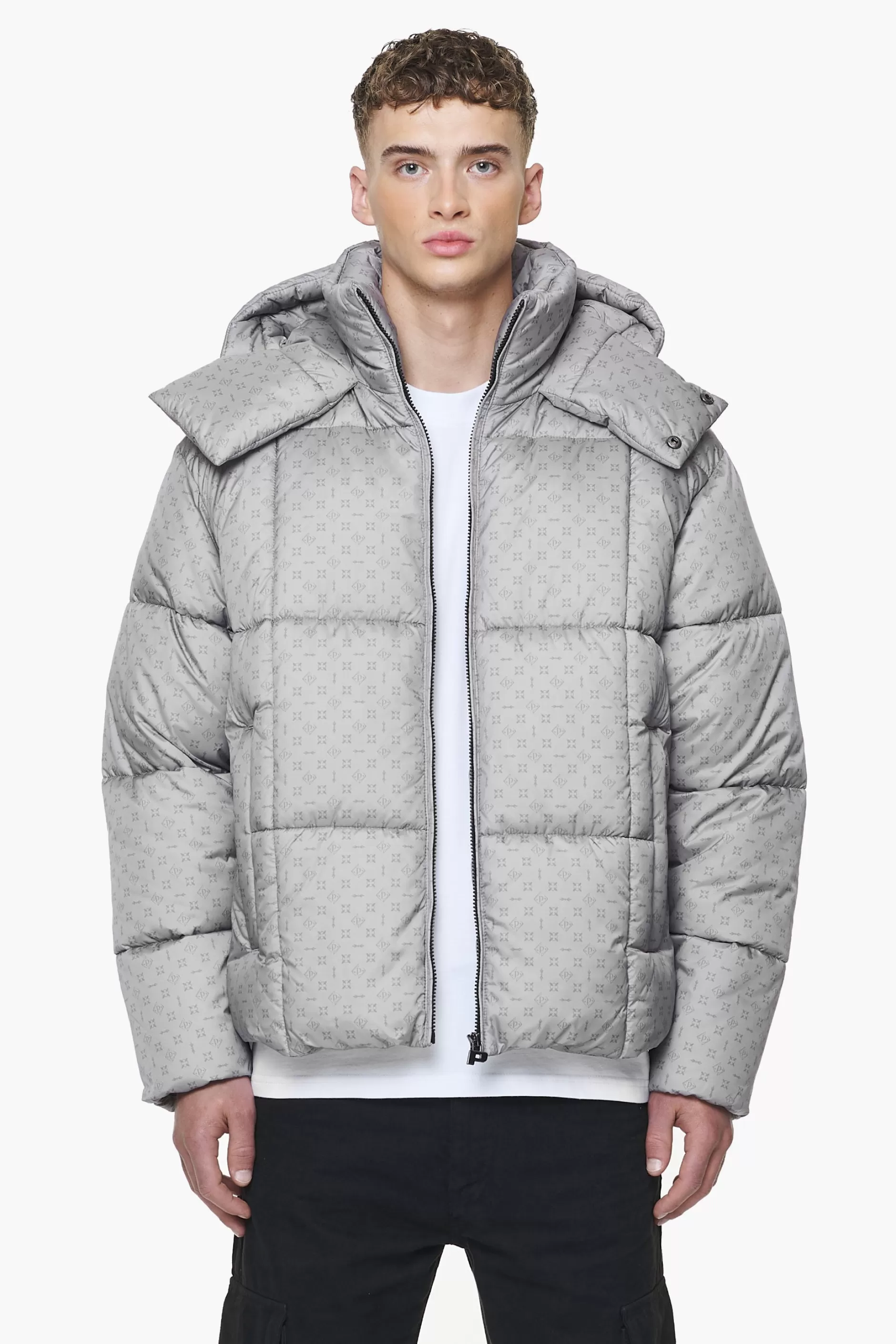 Shop Pegador Gallan Cropped Monogram Puffer Jacket Rock Grey