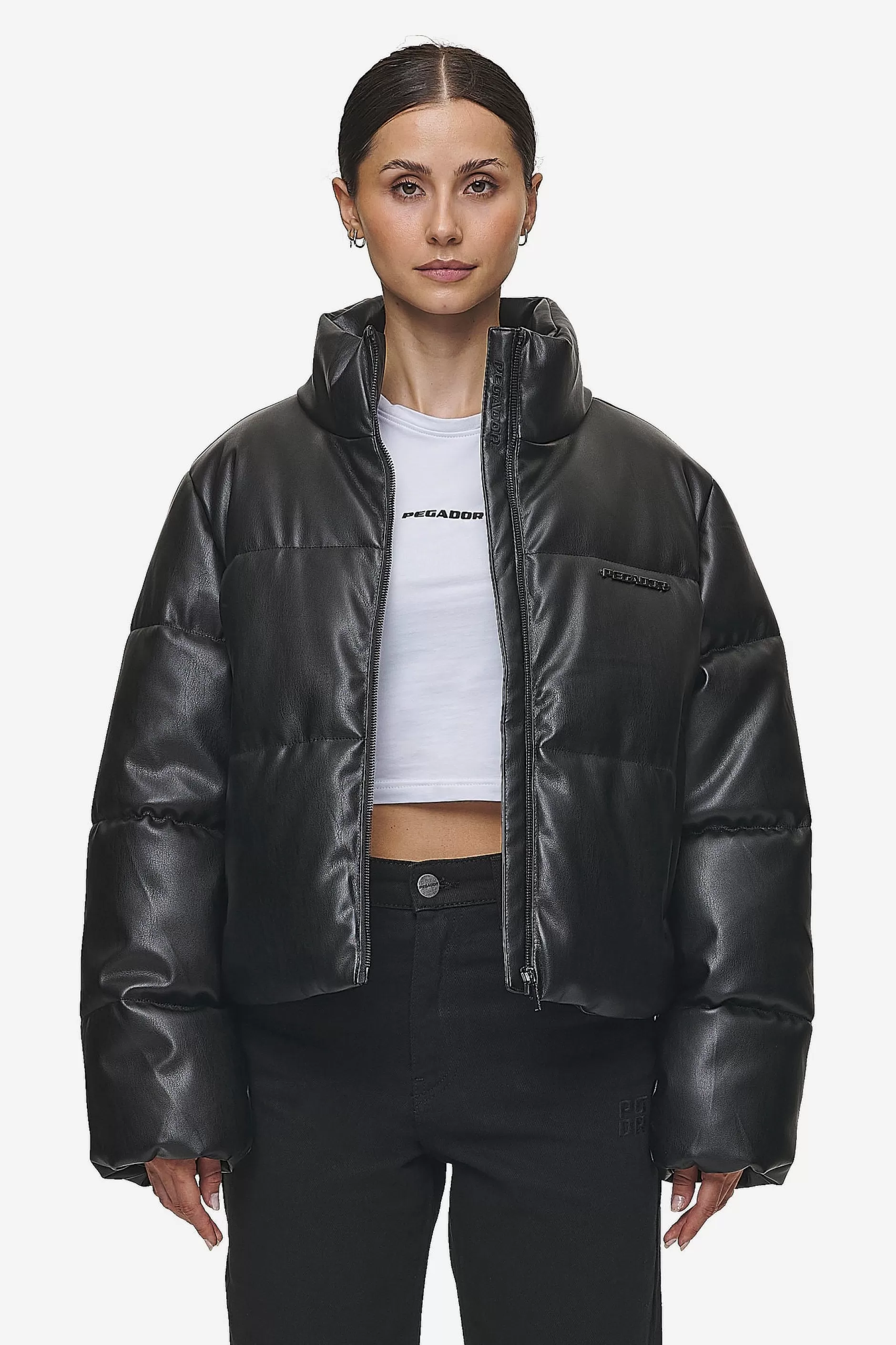 Online Pegador Georgia Faux Leather Puffer Jacket Metal Logo Black