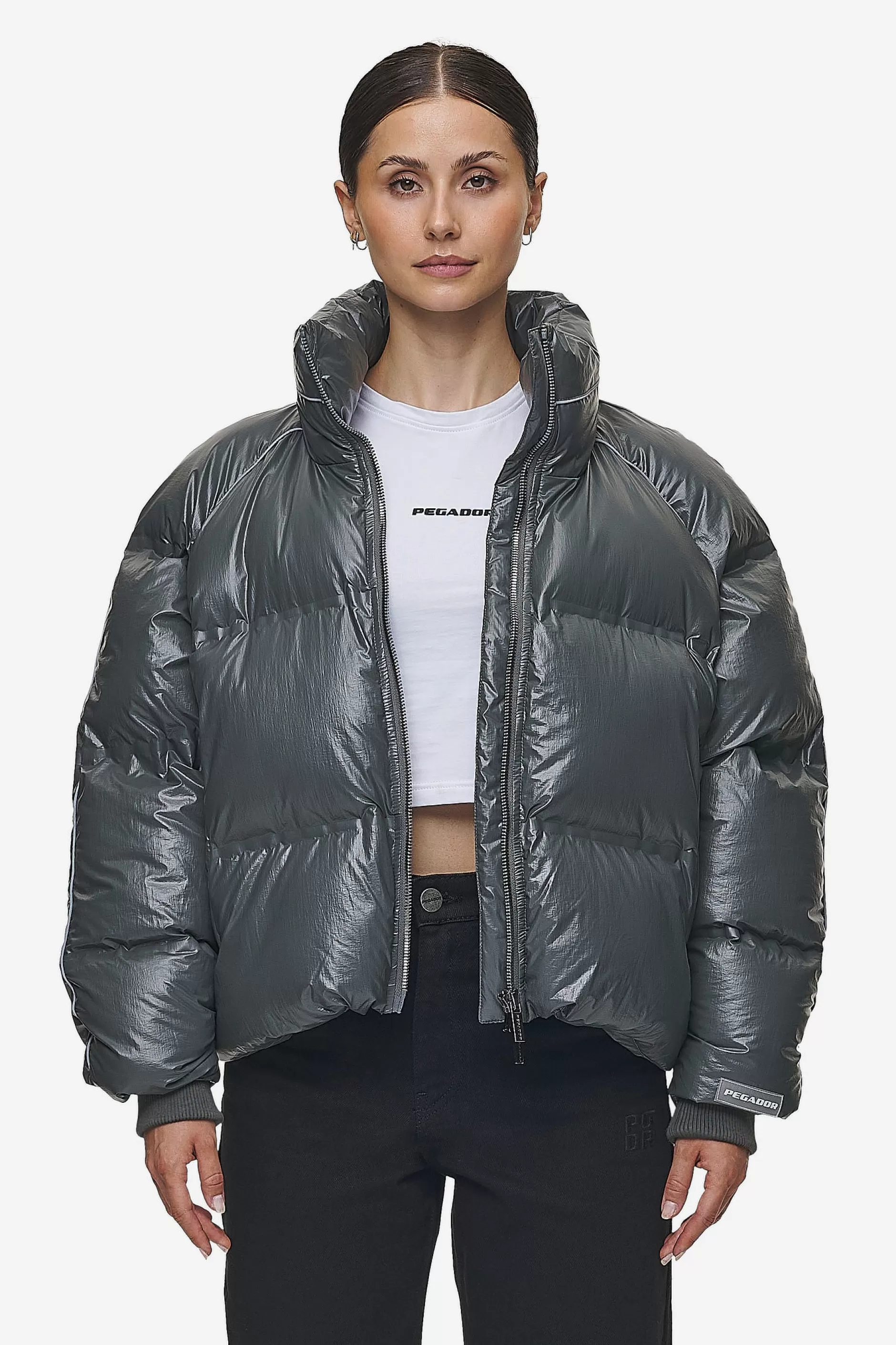 Shop Pegador Henra Crushed Glossy Oversized Raglan Puffer Jacket Anthracite