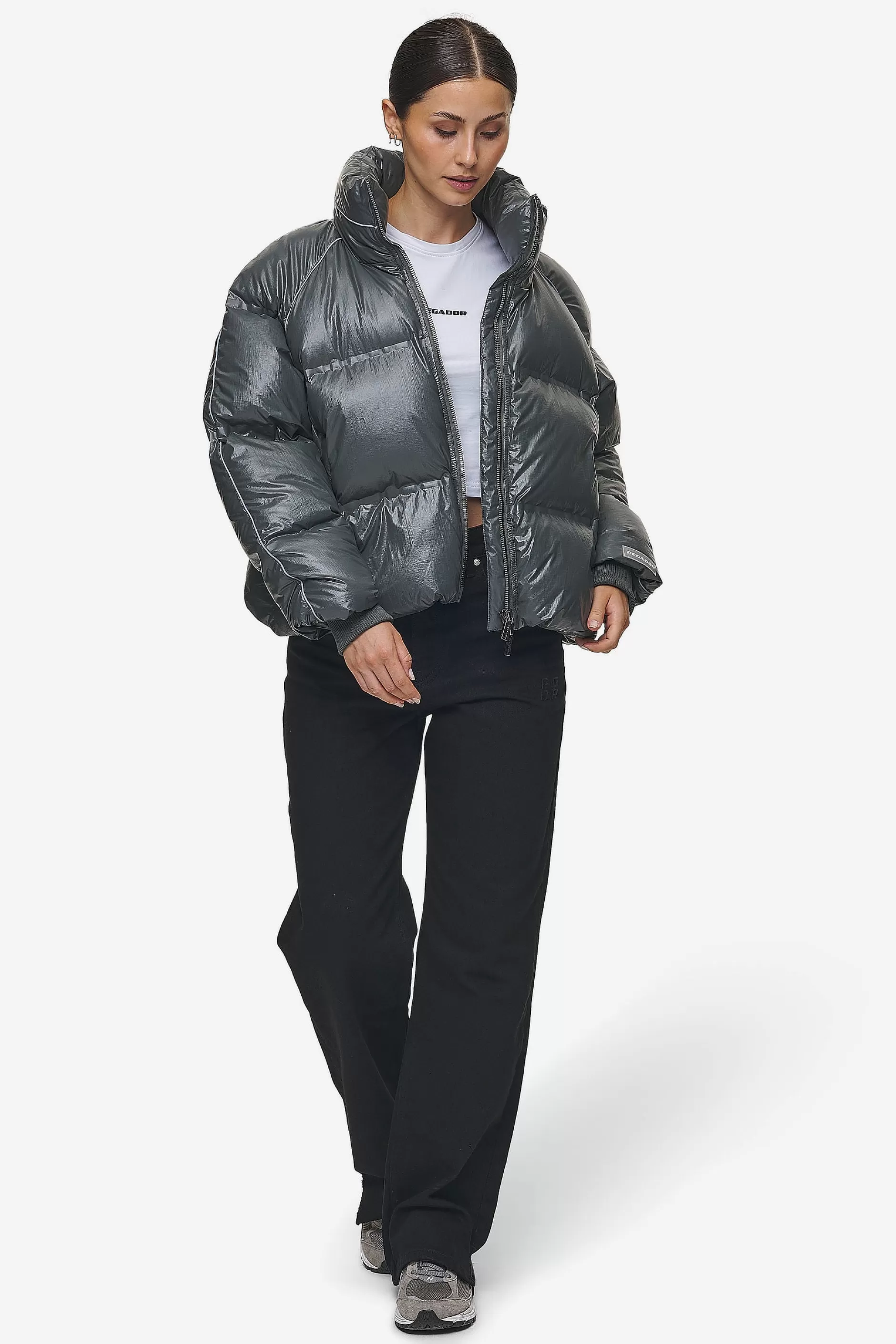 Shop Pegador Henra Crushed Glossy Oversized Raglan Puffer Jacket Anthracite