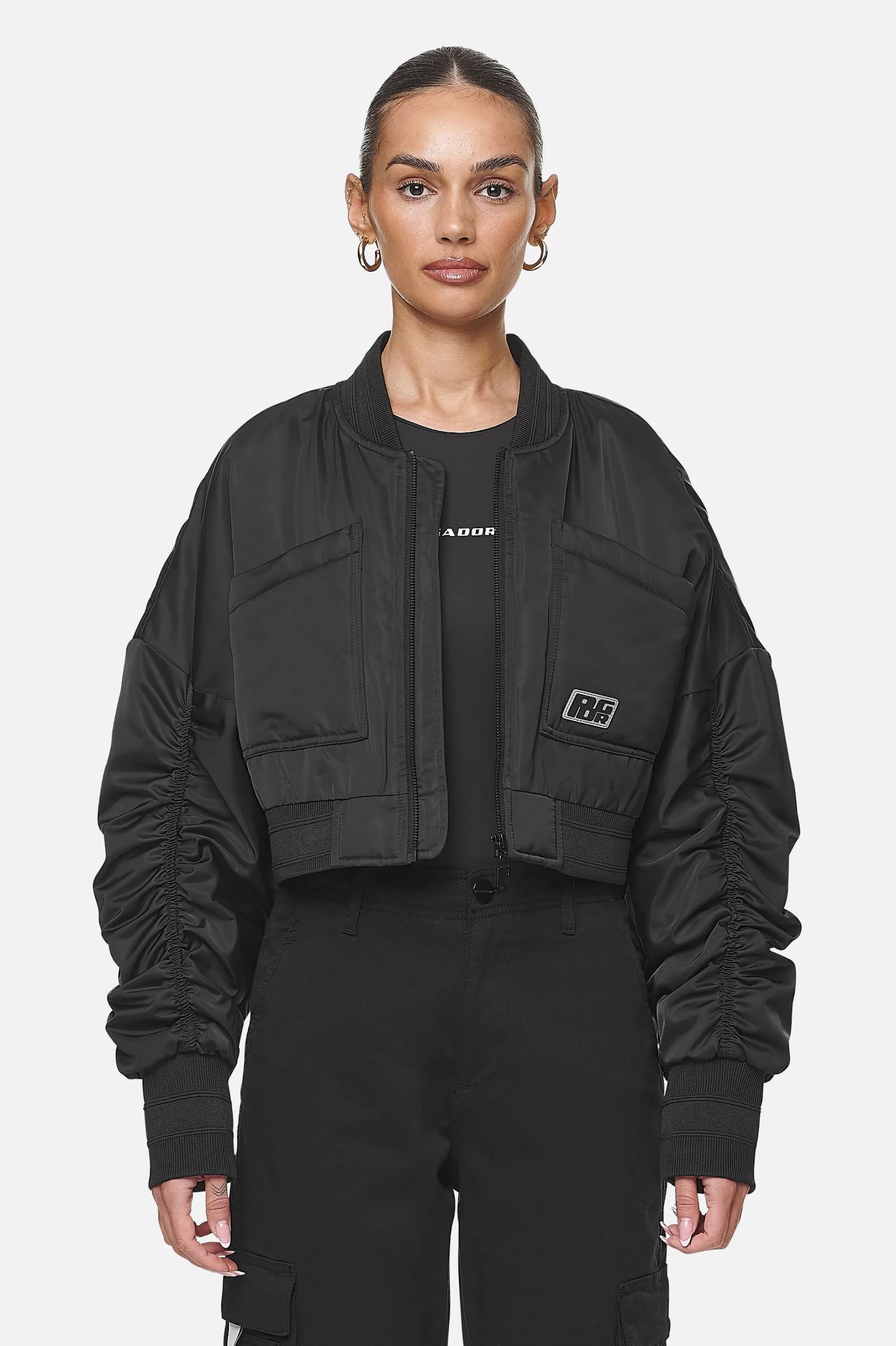 Clearance Pegador Laura Cropped Ruffed Oversized Jacket Black