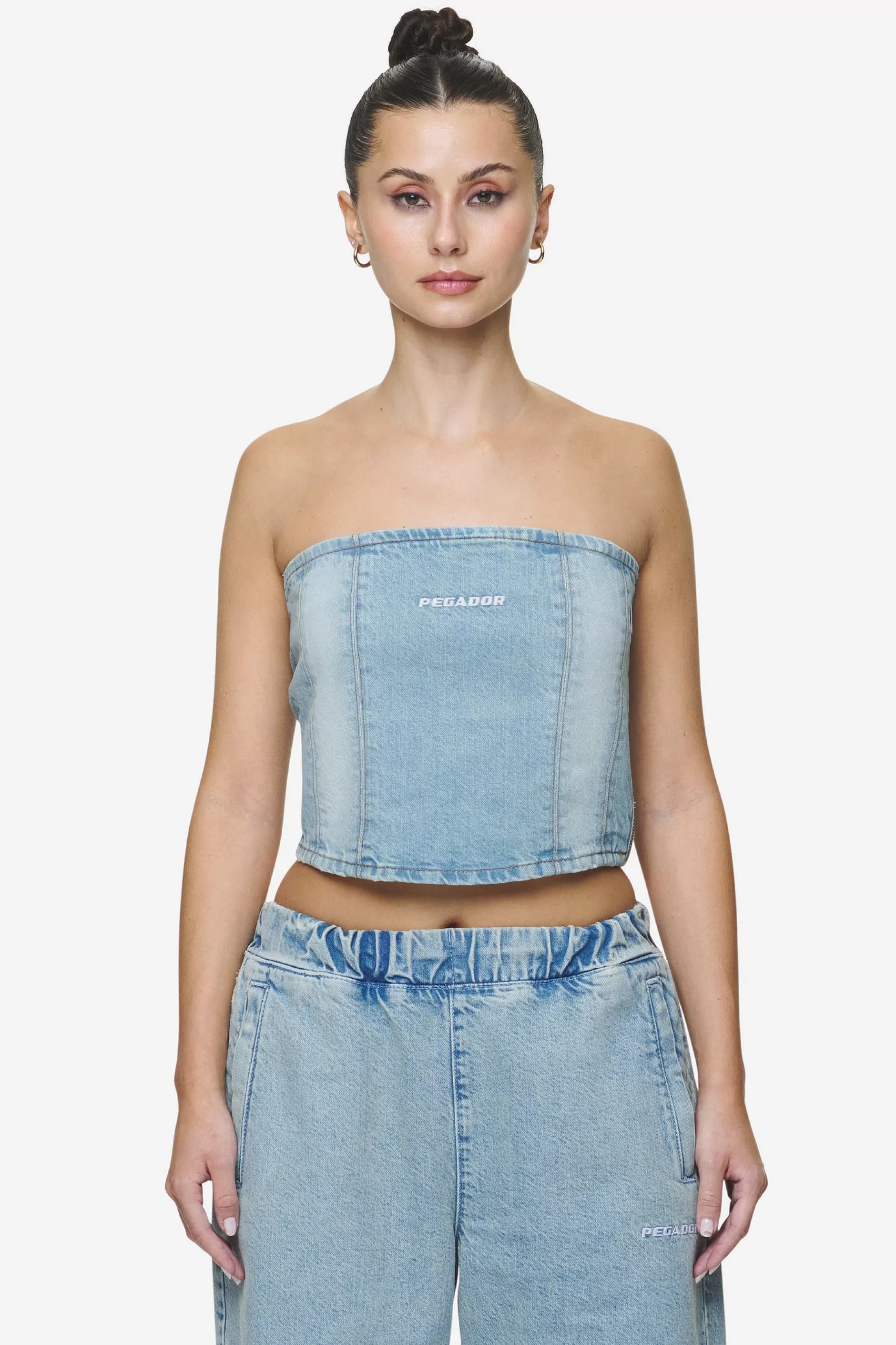 Discount Pegador Miranda Denim Tube Top Washed Pale Blue Bleached Blue