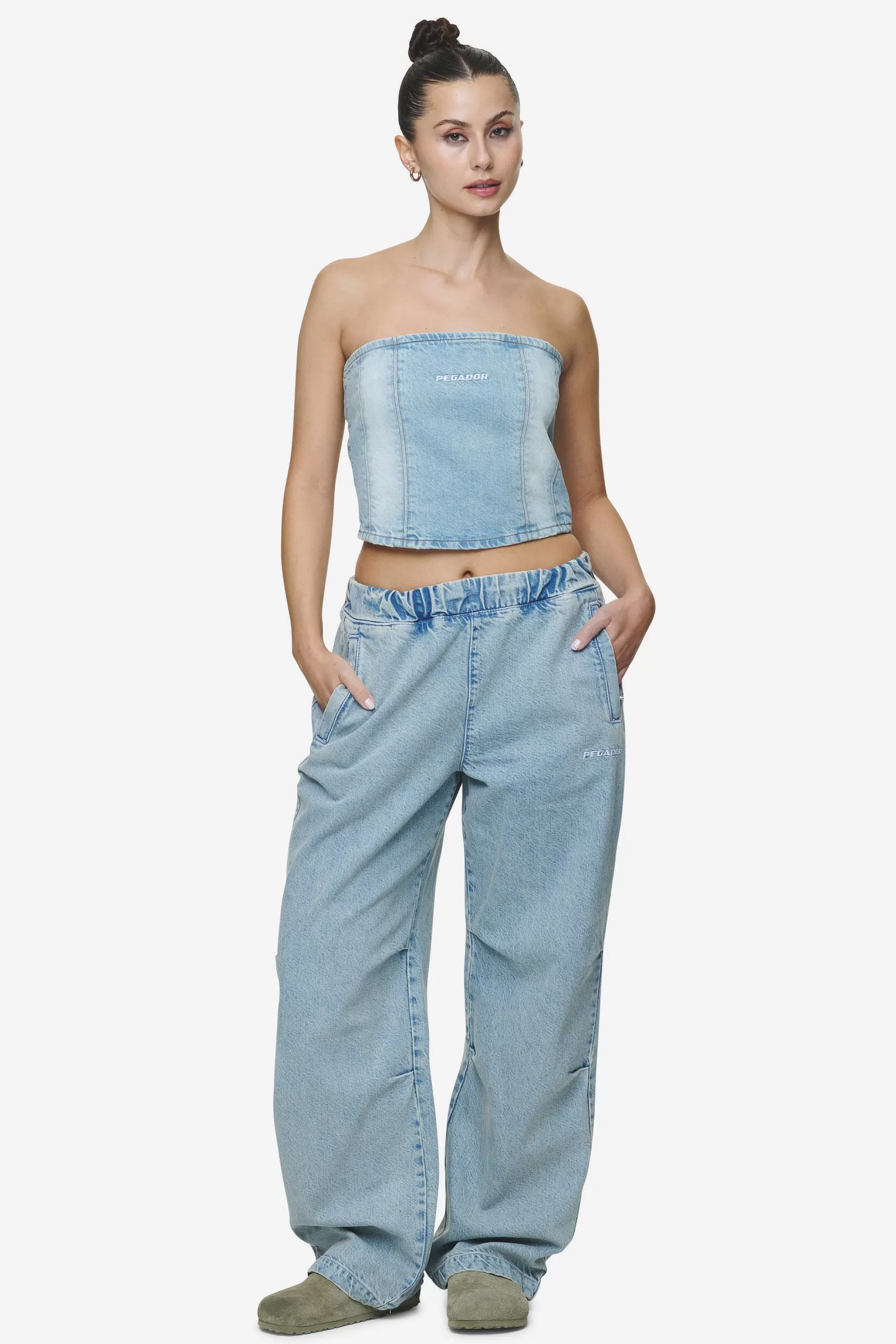 Discount Pegador Miranda Denim Tube Top Washed Pale Blue Bleached Blue