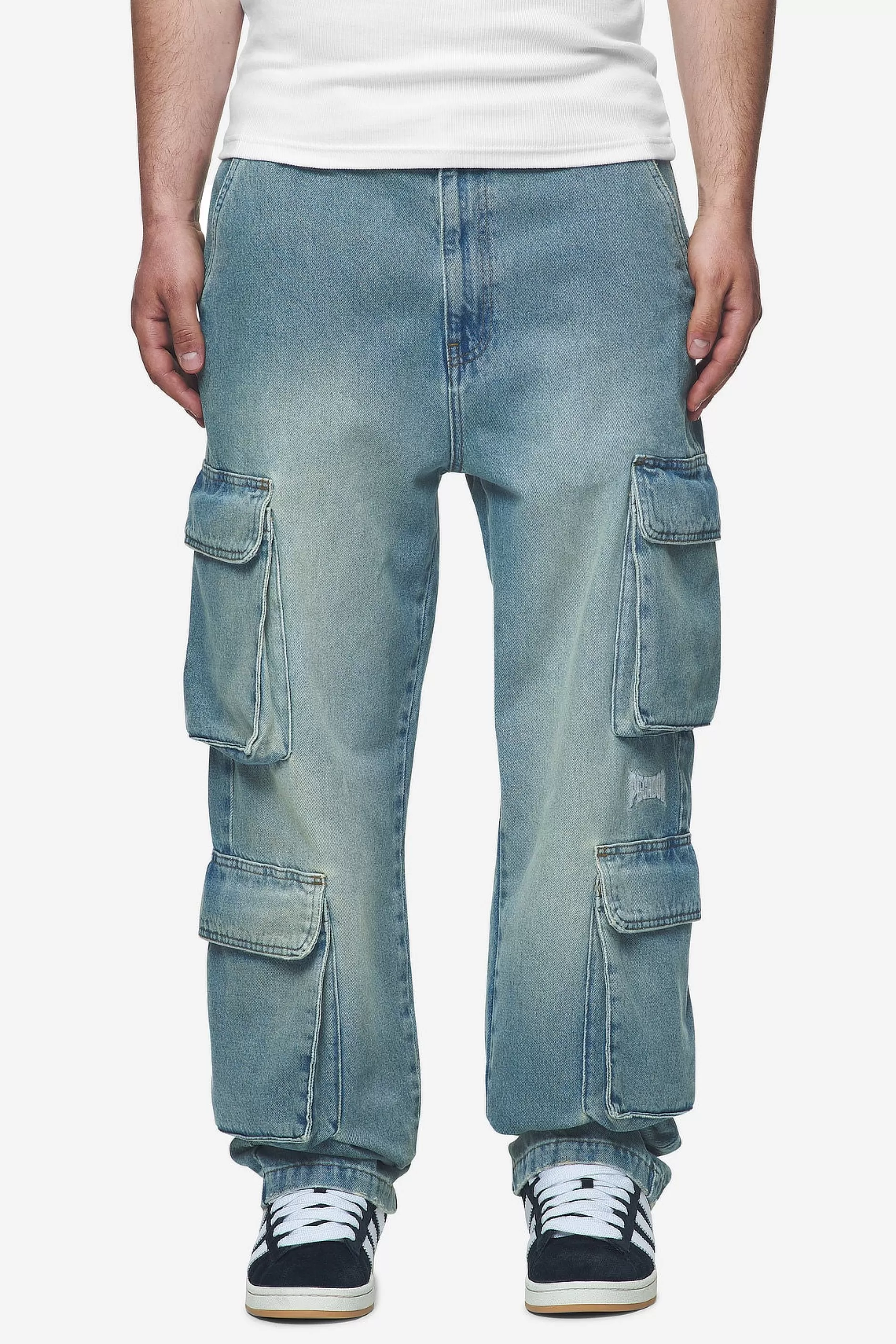 Shop Pegador Romain Wide Denim Cargo Pants Washed Vintage Blue