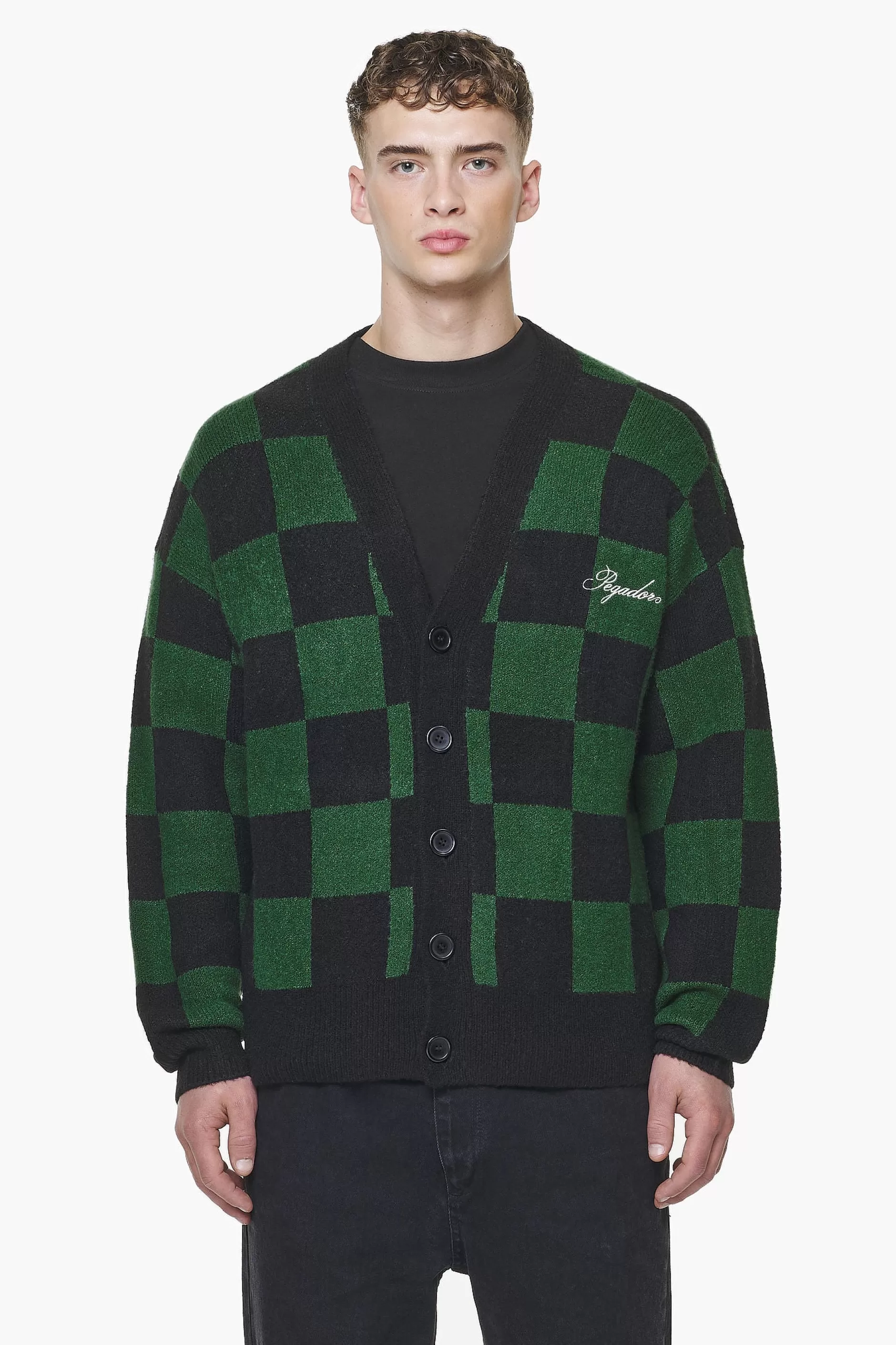 Best Pegador Todd Checkered Knit Cardigan Onyx Black British Green