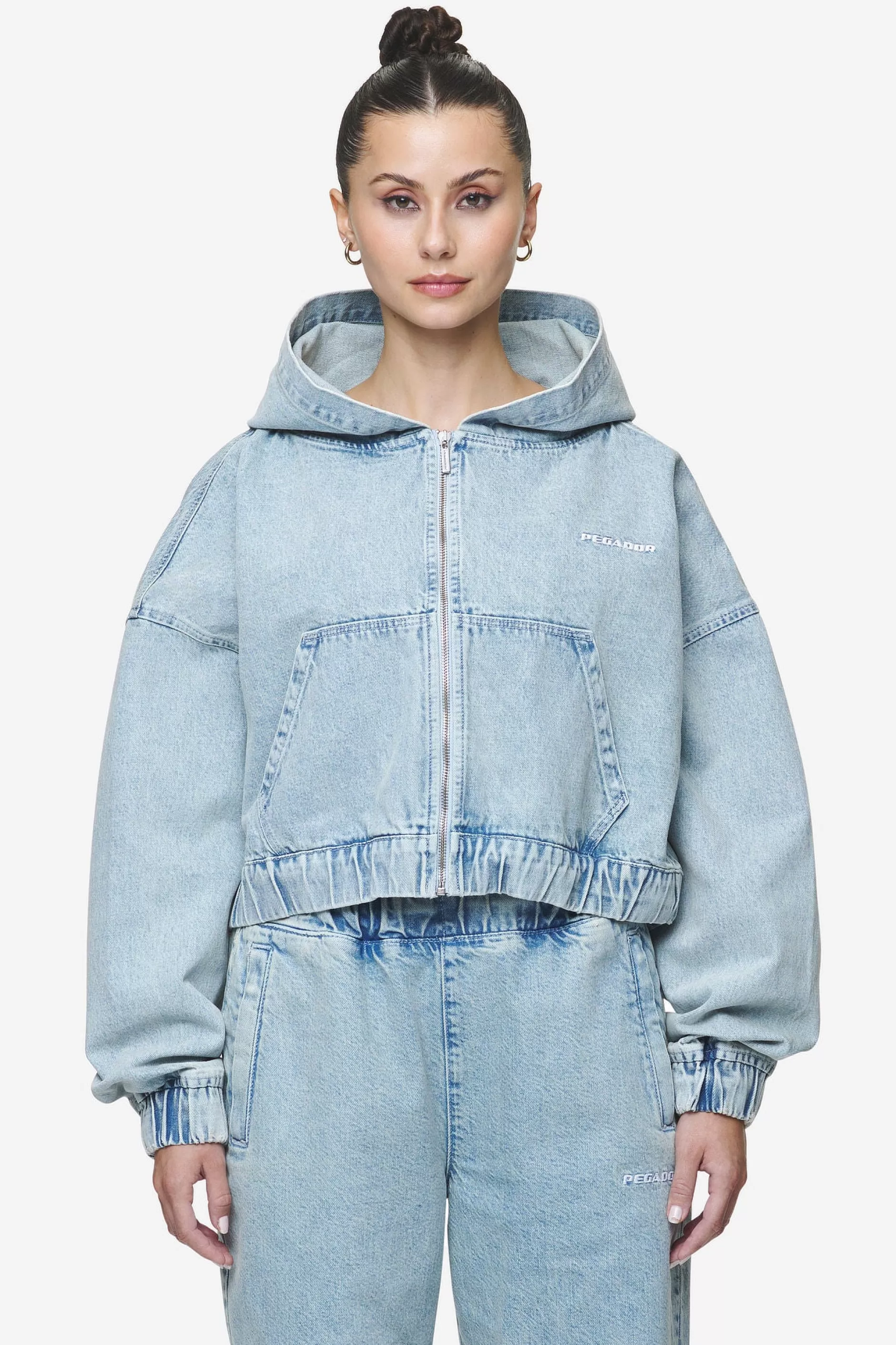 Clearance Pegador Zona Cropped Denim Zip Jacket Washed Pale Blue